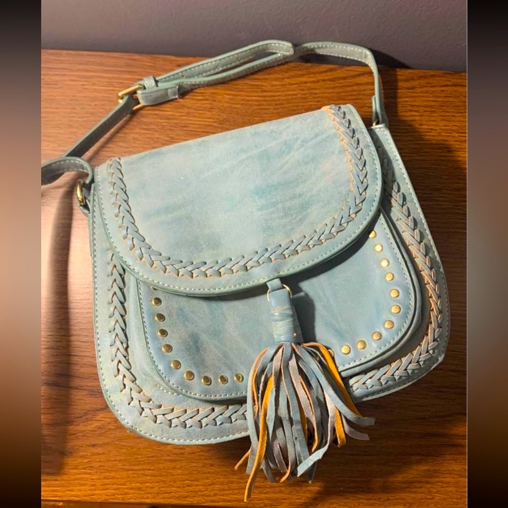 C. Wonder Multiway Boho Purse in Aqua Faux Suede with Tassel